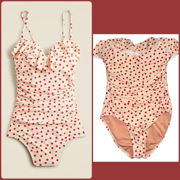 J.Crew Ruched Ruffle One-Piece Swimsuit Red Polka Dot Print Size 8 NEW/NWT!! - Picture 1 of 16